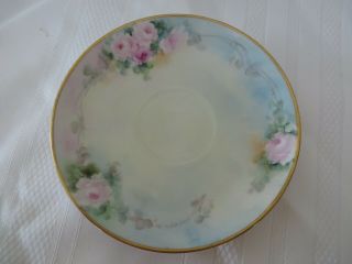 HAND PAINTED UNMARKED NIPPON TEA CUP AND SAUCER blue with pink roses 2