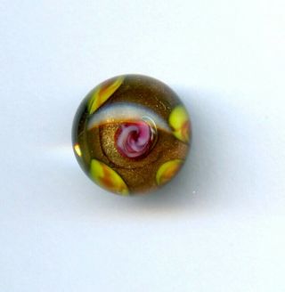 Fabulous Paperweight Glass Button - - Pink Flower - - Red & Yellow Circles - - Goldstone