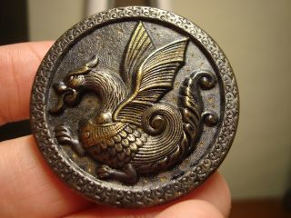 Antique Brass Tinted Relief Dragon In Flight Large Button