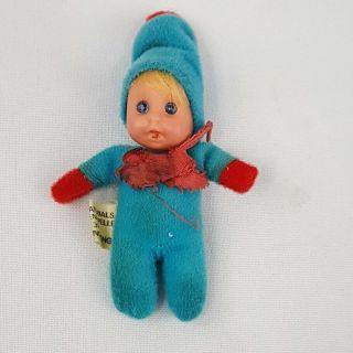 Vintage 1970s Miniature Matchbox Bean Bag Doll Blue Jumper Red Gloves