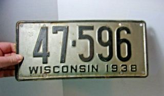 Vintage Antique 1938 Wisconsin Embossed Car License Plate Gas Oil Related Sign