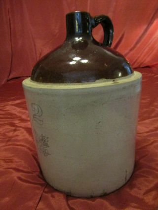 Antique Western Stoneware 2 Gallon Jug With Handle & Maple Leaf Logo