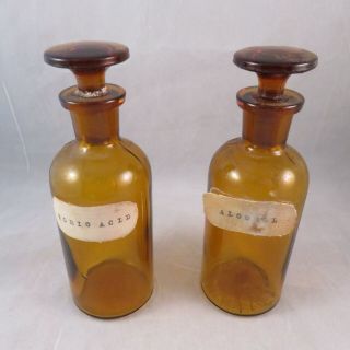 2 Antique Apothecary Brown Glass Bottles With Stoppers Boric Acid & Alcohol