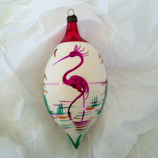 Vintage Hand Painted Flamingo Glass Christmas Tree Ornament Mid Century Mcm