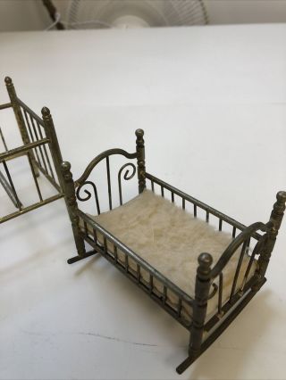 Vintage Miniature 1:12 Baby ' s Room NURSERY Brass Metal CRIB AND ROCKING CRADLE 3