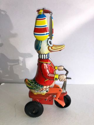 Vintage Tin Toy Wind Up Large Duck On Tricycle.  Antique Made In Western Germany