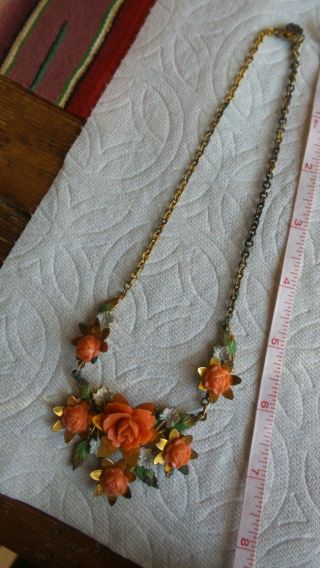 Antique Vintage Necklace Coral Colored Carved Flowers,  Enamel,  14 "