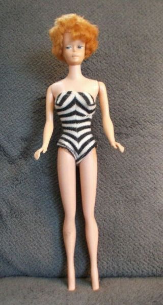 Vintage 1962 Mattel Barbie Bubble Cut Doll With Black Stripped Swimsuit Vg Red