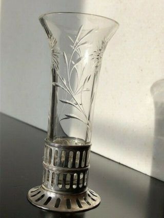 Vintage Sterling Silver & Cut Glass Bud Vase 41/2 " Tall Marked Floral Pattern