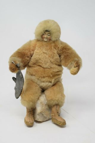 Vintage Handmade ? Alaskan Native Yupik Inuit Eskimo Fur Doll Stone Base Figure