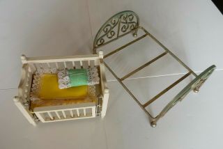 Vintage Dollhouse Nursery Drop - Side Crib W Bedding,  Shackman Brass Bed 1:12