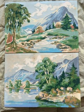 2 Vintage Paint By Numbers Of Mountains And Stream