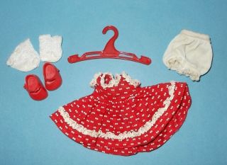 Vintage Vogue Ginny 8 " Doll Red Dotted Swiss Dress,  Panties,  Shoes Socks Hanger