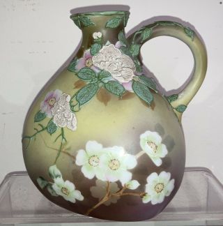 Antique Vintage Porcelain Hand Painted Pitcher Applied Flowers Unusual Shape