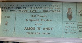 Amos ‘n’ Andy Ticket Cbs Pilot Tv Show June 8,  1951 Rare