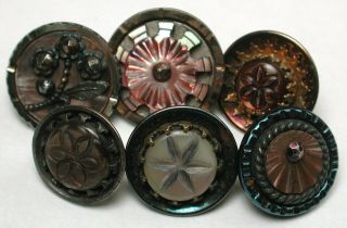6 Antique Steel Cup Buttons With Cut Steel And Iridescent Shell - 7/16 To 9/16 "