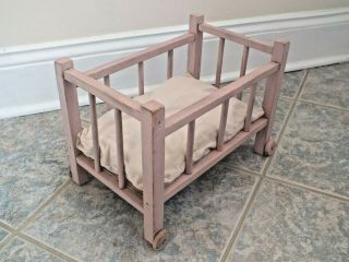 Vintage 1950s Wooden Baby Doll Crib Bed With Wood Wheels And Mattress Mat