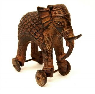 Antique Vintage India Ornate Cast Bronze Elephant On Wheels Temple Pull Toy