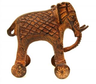 Antique Vintage India Ornate Cast Bronze Elephant On Wheels Temple Pull Toy 2