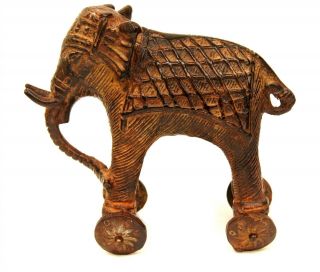 Antique Vintage India Ornate Cast Bronze Elephant On Wheels Temple Pull Toy 3