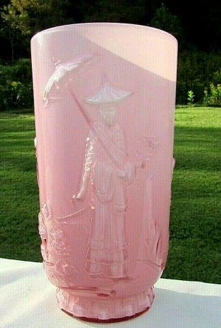 Fenton Dusty Rose Pink Overlay Mandarin Verlys Mold Vase 9.  75 " H Rare