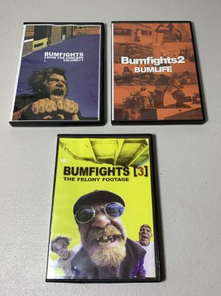 Bumfights Rare Oop Bum Fights 1 Cause For Concern,  2 Bumlife,  3 Felony Footage