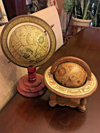 Lof Of 2 Vintage Old World Style Small Globes Carved Wood Stands Shelf Decor Wow