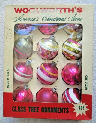 Vintage Woolworth Box Of 12 Glass Ornaments Christmas Tree Antique Balls Shabby