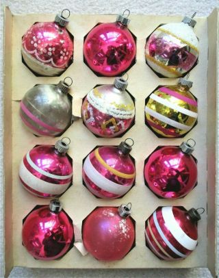 Vintage WOOLWORTH BOX of 12 Glass ORNAMENTS Christmas Tree Antique Balls Shabby 2