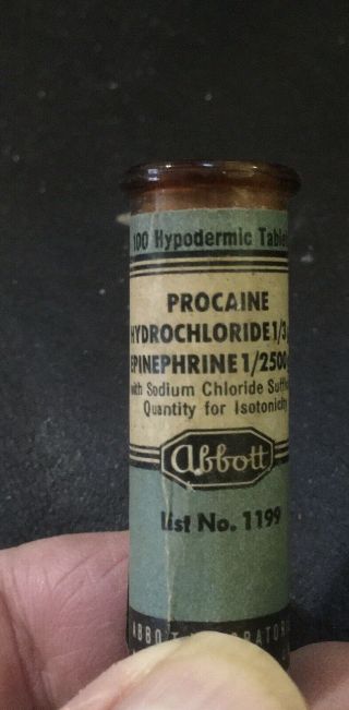 Antique Dental Bottle: Procaine (novocain) Anesthetic Tablets W/contents Abbott