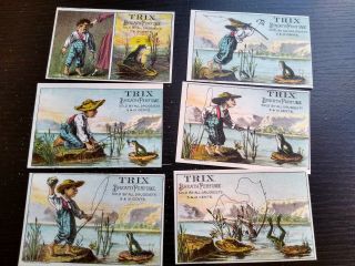 6 Antique Victorian Trade Cards Trix Breath Perfume Boy Fishing With Frogs