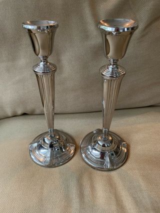 Silver Plated Candlesticks Pair 9”tall Art Deco Pattern