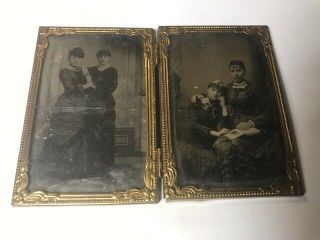 Antique Tin Type Or Daguerreotypes Pair Photos Fancy Metal Frames Victorian Lady