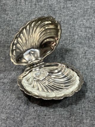 Vintage Silver - Plated Clam Shell Butter / Caviar Dish W/ Glass Insert