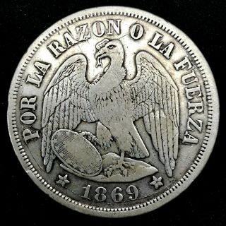 Chile Peso - Condor Silver Crown - 1869 Km 142.  1 Rare