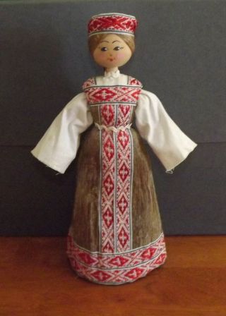 Vintage Belarus Russian Folk Art Doll - Wood And Flax - Lovely Costume