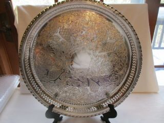 Large Vintage Round Silver Plate,  Footed Serving Tray