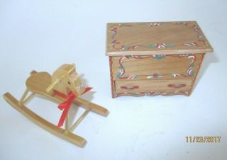 Dollhouse Miniature Wood Blanket/toy Chest W/drawer Tole Paint W/ Rocking Horse