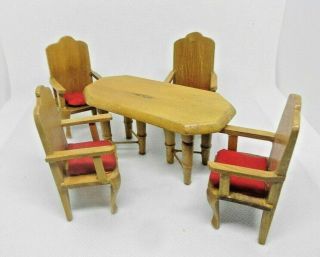 Miniature 1:24 Scale Maple Finish Wood Old 5 Pc.  Dining Set Table & 4 Arm Chairs