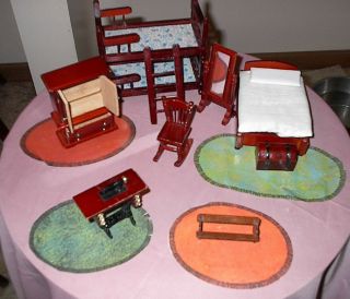 Vintage Doll House Wood Furniture Ten (10) Piece Set W/4 Paper Rugs
