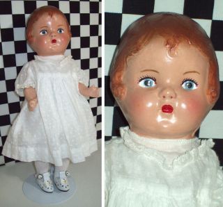 14 " Antique Unmarked Composition Doll With Crier Repaint Dotted Swiss Dress