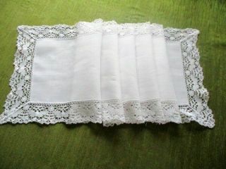 Vintage Table Runner White Linen,  Lace Edge 10 " X 42 "