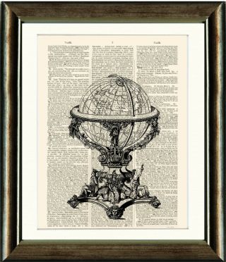 Old Antique Book Page Art Print - World Globe Dictionary Book Page Wall Art