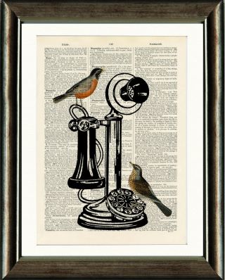 Old Antique Book Page Art Print - Vintage Telephone & Birds 2 Wall Art