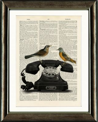 Old Antique Book Page Art Print - Vintage Telephone & Birds Dictionary Wall Art