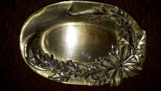 Vintage Solid Brass Bow & Leaf Embossed Patterned Trinket Tray/calling Card Tray