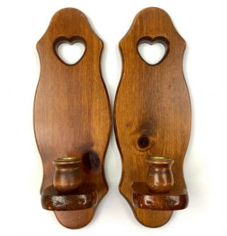 Vintage Set Of 2 Wood Wall Sconce Candle Holders W/ Heart 13 " Tall