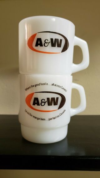 2 RARE FIRE KING ANCHOR HOCKING STACKABLE A & W ROOT BEER MUGS 2