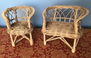 Vtg Small Miniature Rattan Wicker Doll House Furniture X2 Chair & Couch/loveseat