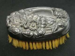 Antique Vintage Repousse Art Nouveau Silver Plate Clothes Brush Poppy Flowers